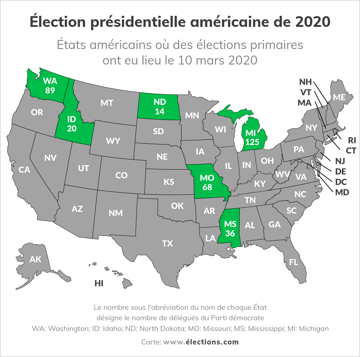 Élection présidentielle américaine - Carte des primaires du 10 mars 2020 (Parti démocrate)